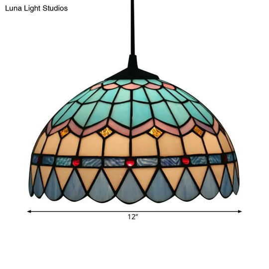 Tiffany Stained Glass Suspension Lamp: Lattice Bowl Pendulum Light - 1-Light Blue For Dining Room