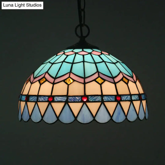 Tiffany Stained Glass Suspension Lamp: Lattice Bowl Pendulum Light - 1-Light Blue For Dining Room /