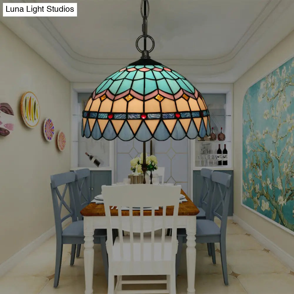 Tiffany Stained Glass Suspension Lamp: Lattice Bowl Pendulum Light - 1-Light Blue For Dining Room /