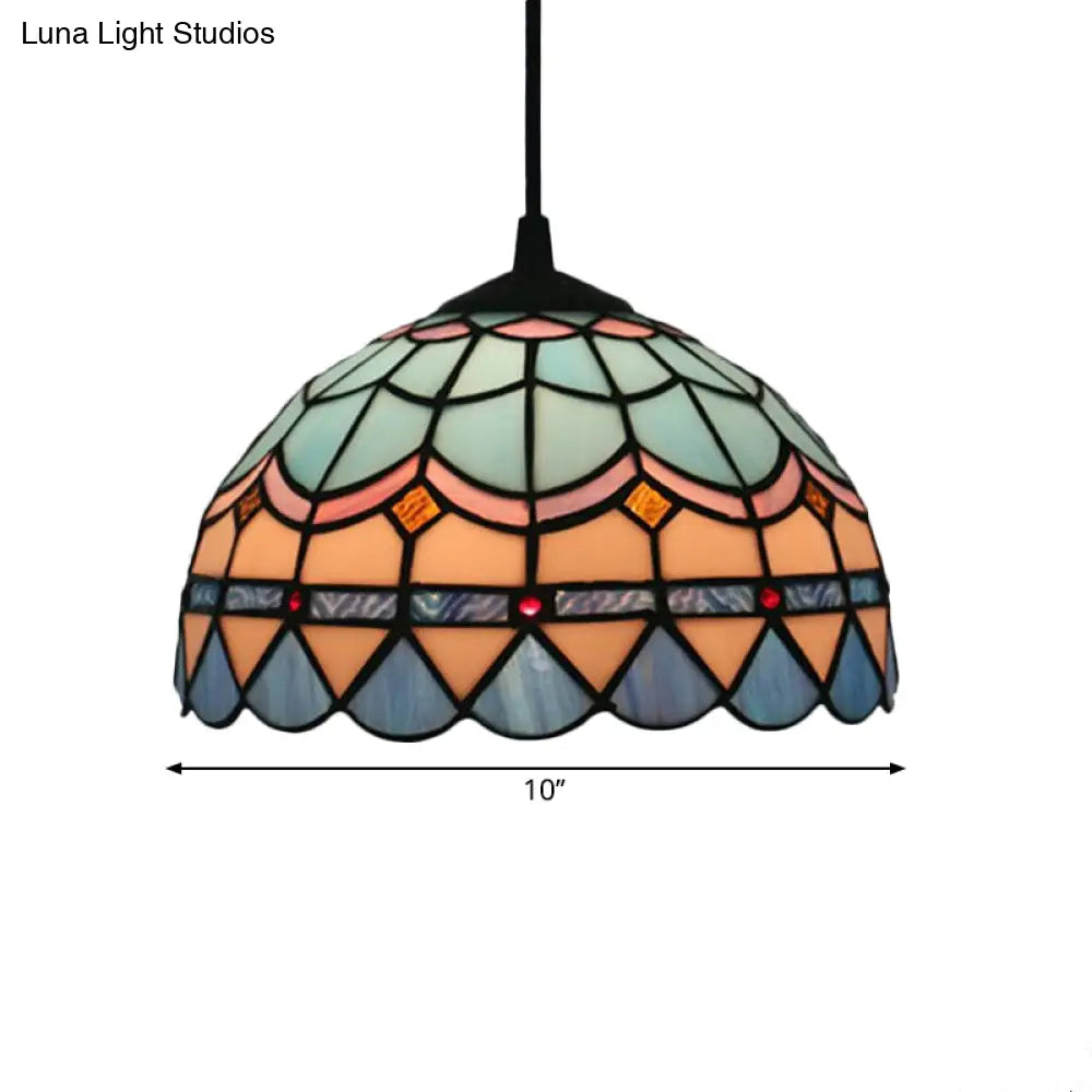 Tiffany Stained Glass Pendant Light - Lattice Bowl Design 1-Light Blue Suspension Lamp For Dining
