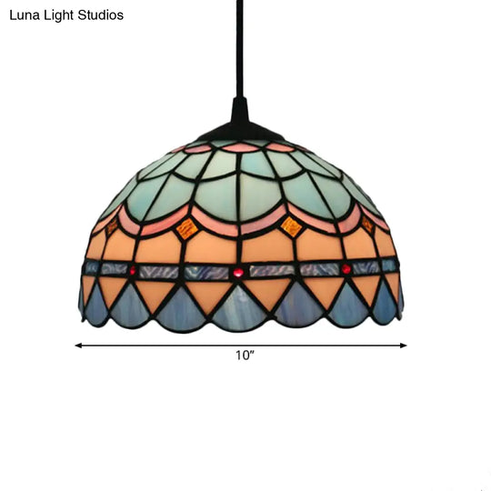 Tiffany Stained Glass Pendant Light - Lattice Bowl Design 1-Light Blue Suspension Lamp For Dining