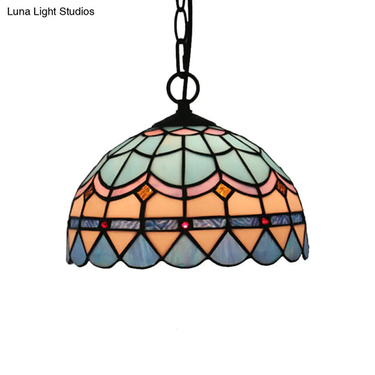 Tiffany Stained Glass Pendant Light - Lattice Bowl Design 1-Light Blue Suspension Lamp For Dining