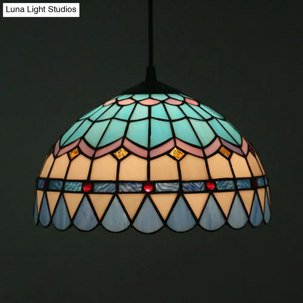 Tiffany Stained Glass Suspension Lamp: Lattice Bowl Pendulum Light - 1-Light Blue For Dining Room /