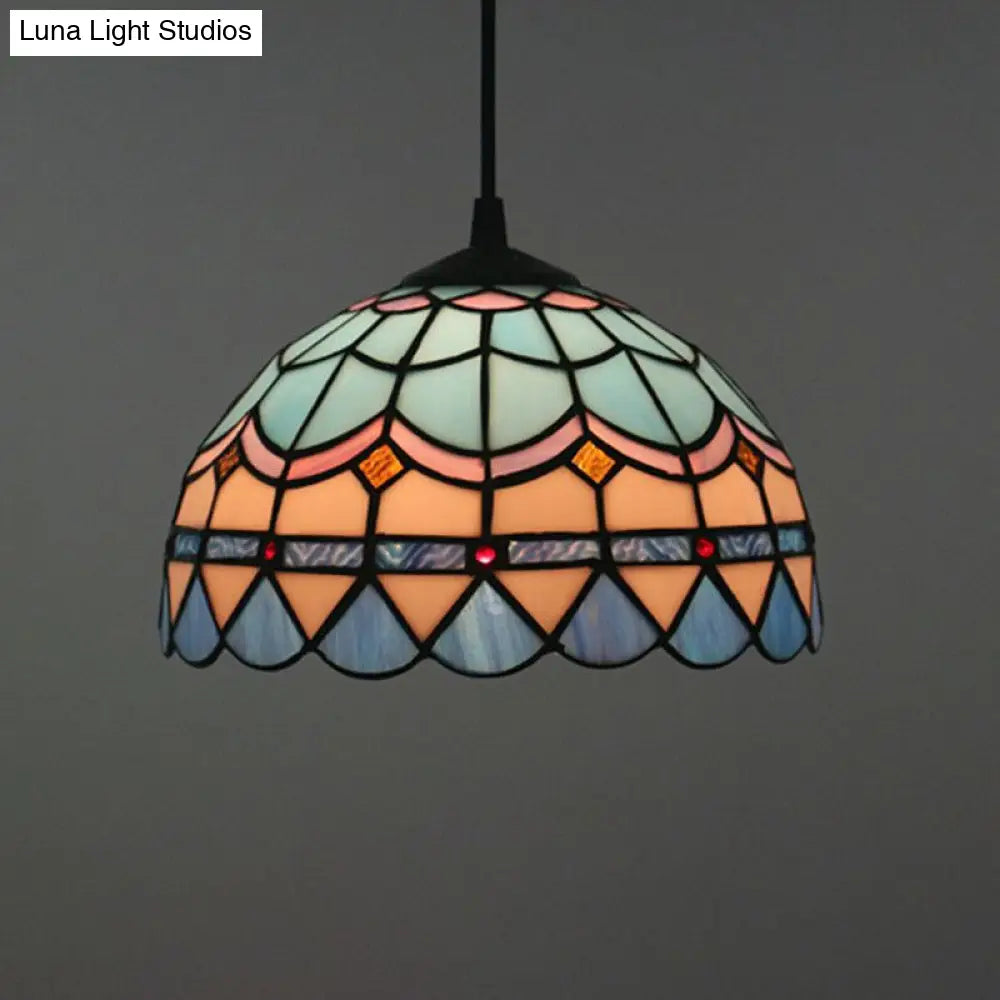 Tiffany Stained Glass Suspension Lamp: Lattice Bowl Pendulum Light - 1-Light Blue For Dining Room /