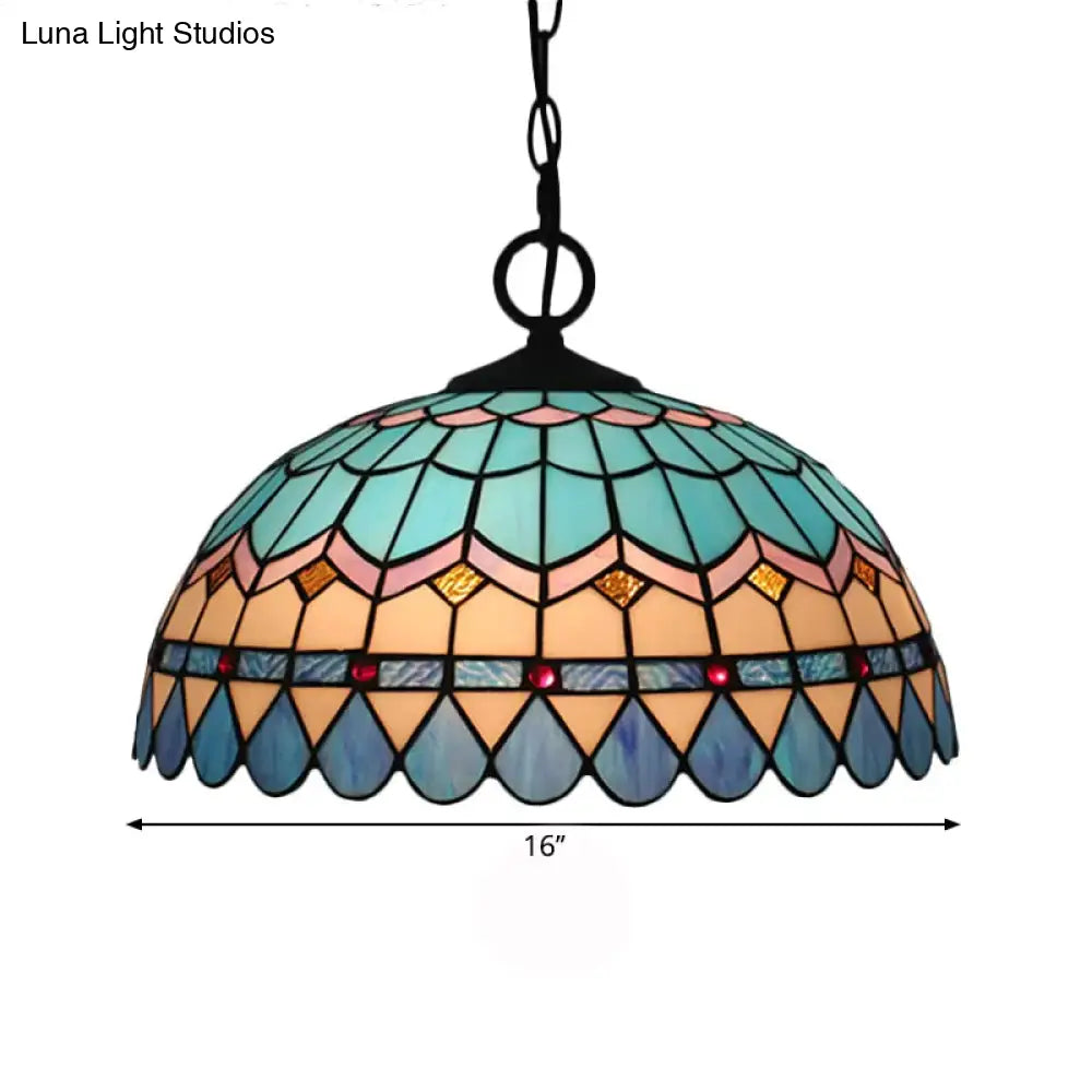 Tiffany Stained Glass Pendant Light - Lattice Bowl Design 1-Light Blue Suspension Lamp For Dining