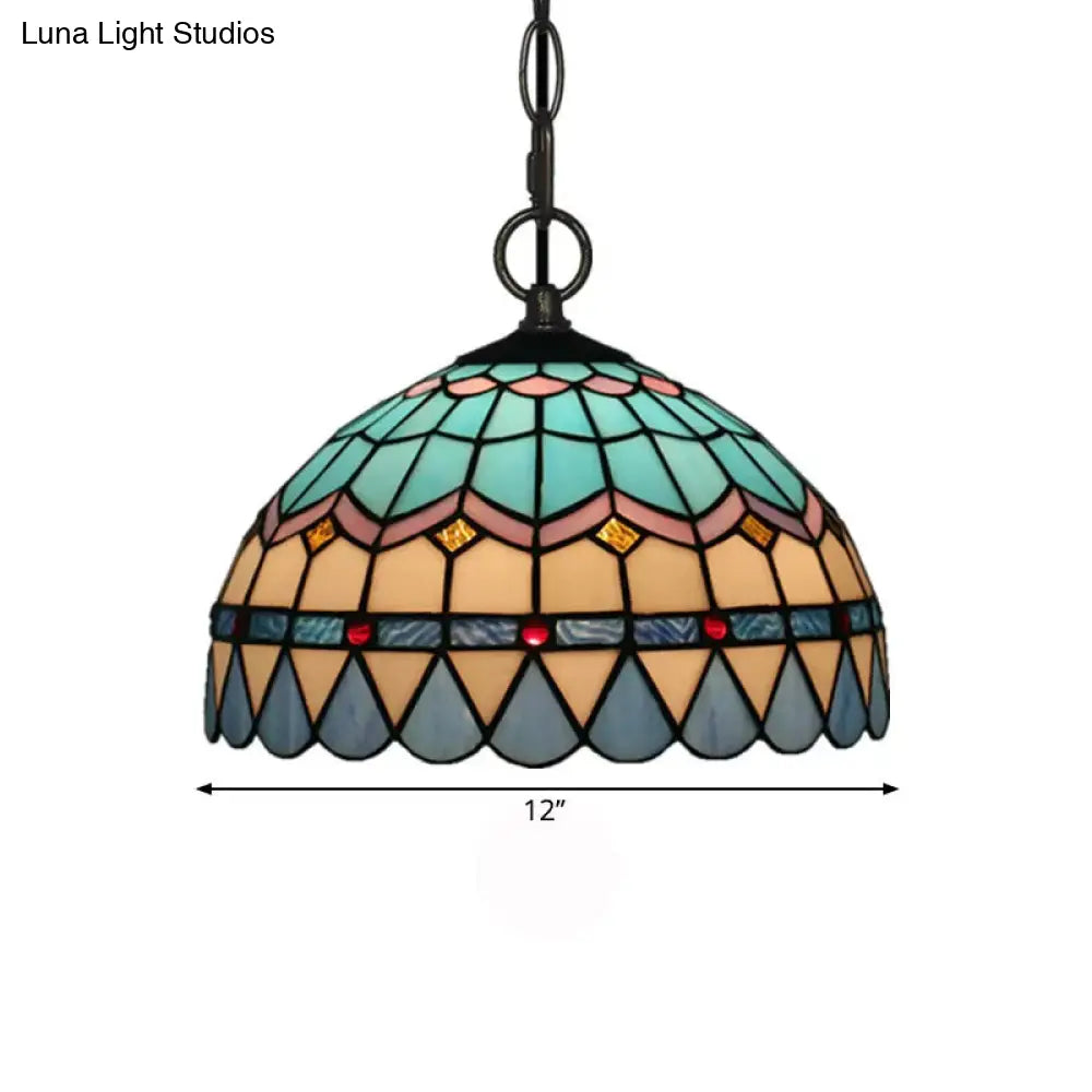 Tiffany Stained Glass Suspension Lamp: Lattice Bowl Pendulum Light - 1-Light Blue For Dining Room