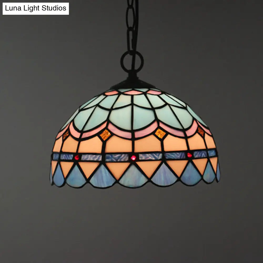 Tiffany Stained Glass Suspension Lamp: Lattice Bowl Pendulum Light - 1-Light Blue For Dining Room /