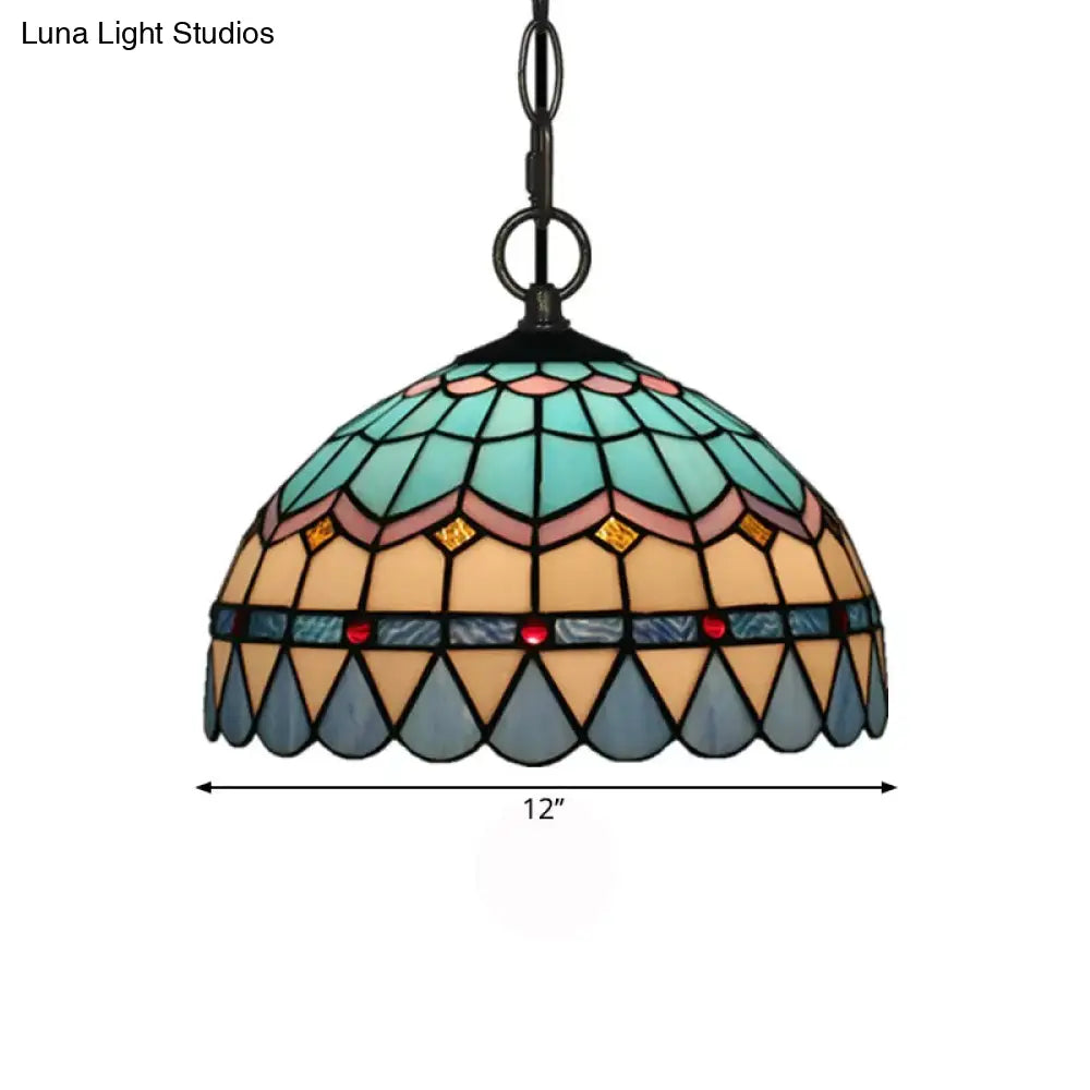 Tiffany Stained Glass Pendant Light - Lattice Bowl Design 1-Light Blue Suspension Lamp For Dining