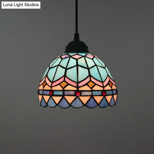 Tiffany Stained Glass Suspension Lamp: Lattice Bowl Pendulum Light - 1-Light Blue For Dining Room /