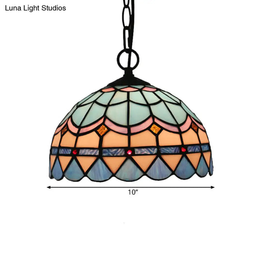 Tiffany Stained Glass Suspension Lamp: Lattice Bowl Pendulum Light - 1-Light Blue For Dining Room