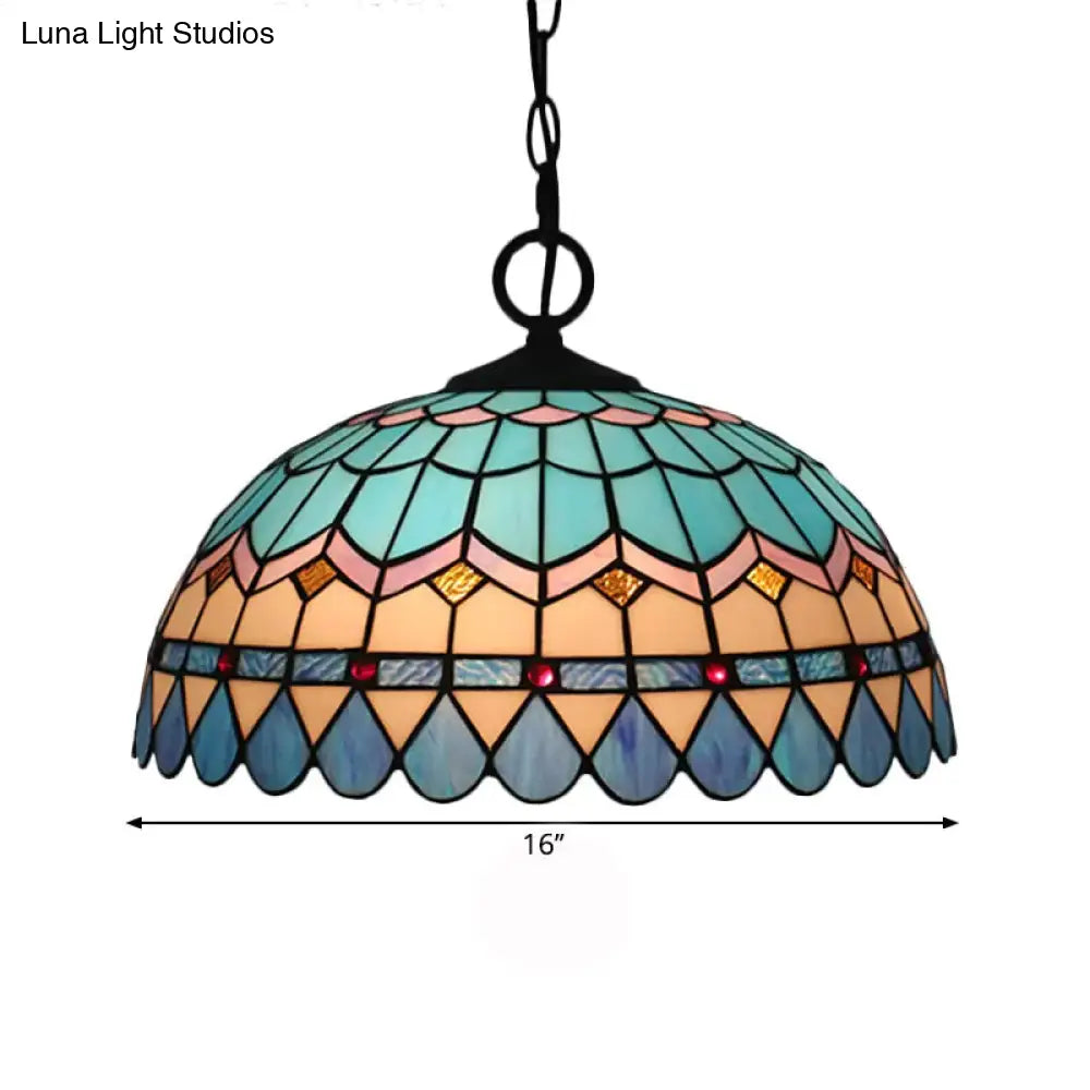 Tiffany Stained Glass Suspension Lamp: Lattice Bowl Pendulum Light - 1-Light Blue For Dining Room