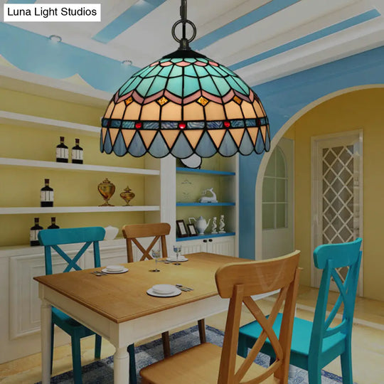 Tiffany Stained Glass Suspension Lamp: Lattice Bowl Pendulum Light - 1-Light Blue For Dining Room