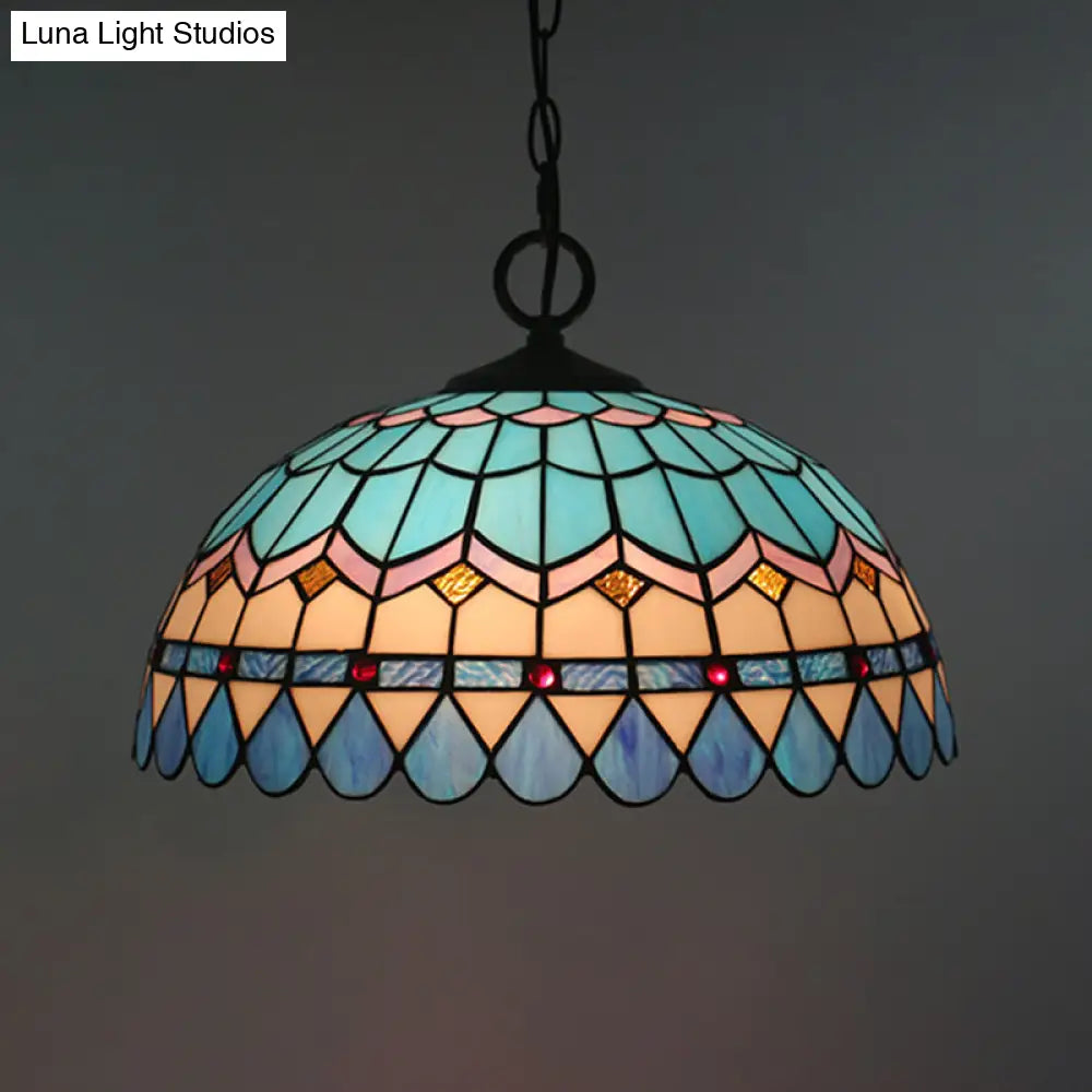 Tiffany Stained Glass Pendant Light - Lattice Bowl Design 1-Light Blue Suspension Lamp For Dining