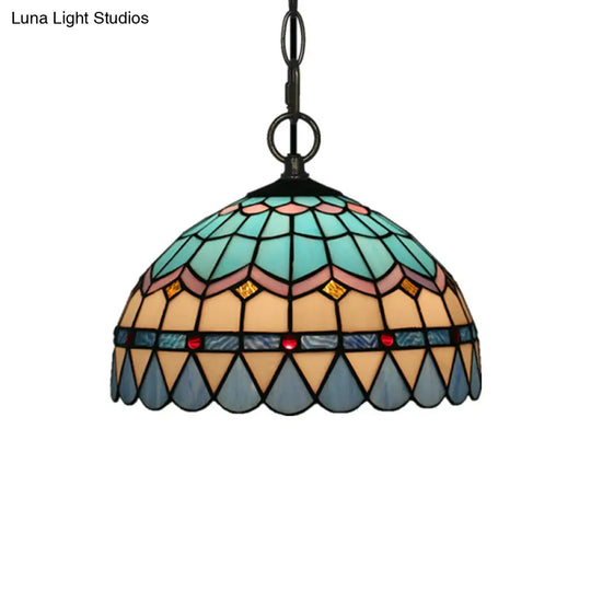 Tiffany Stained Glass Pendant Light - Lattice Bowl Design 1-Light Blue Suspension Lamp For Dining