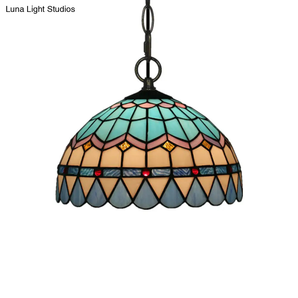 Tiffany Stained Glass Suspension Lamp: Lattice Bowl Pendulum Light - 1-Light Blue For Dining Room