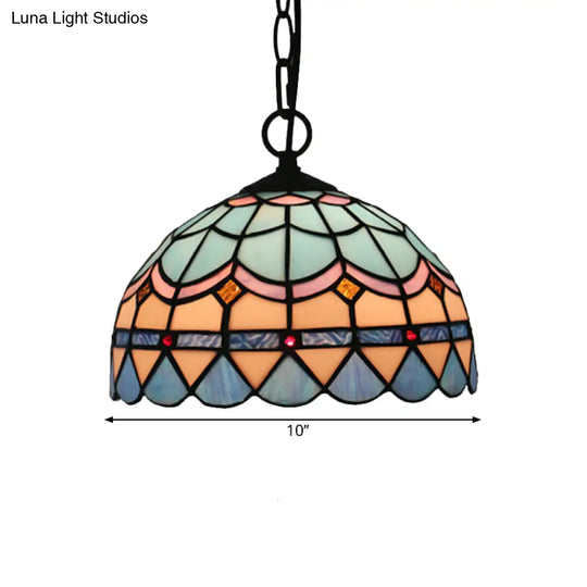 Tiffany Stained Glass Pendant Light - Lattice Bowl Design 1-Light Blue Suspension Lamp For Dining