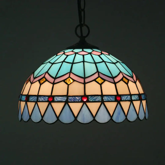 Tiffany Stained Glass Pendant Light - Lattice Bowl Design 1-Light Blue Suspension Lamp For Dining