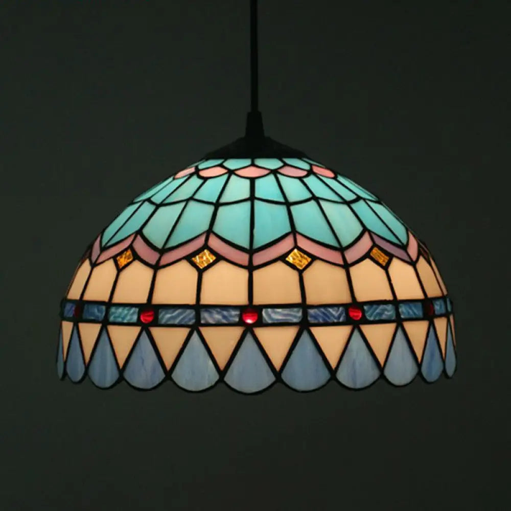 Tiffany Stained Glass Pendant Light - Lattice Bowl Design 1-Light Blue Suspension Lamp For Dining