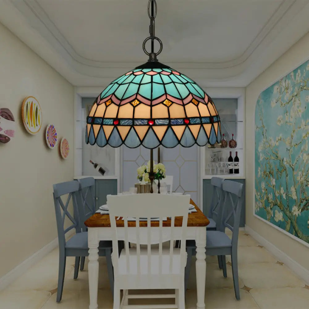 Tiffany Stained Glass Pendant Light - Lattice Bowl Design 1-Light Blue Suspension Lamp For Dining