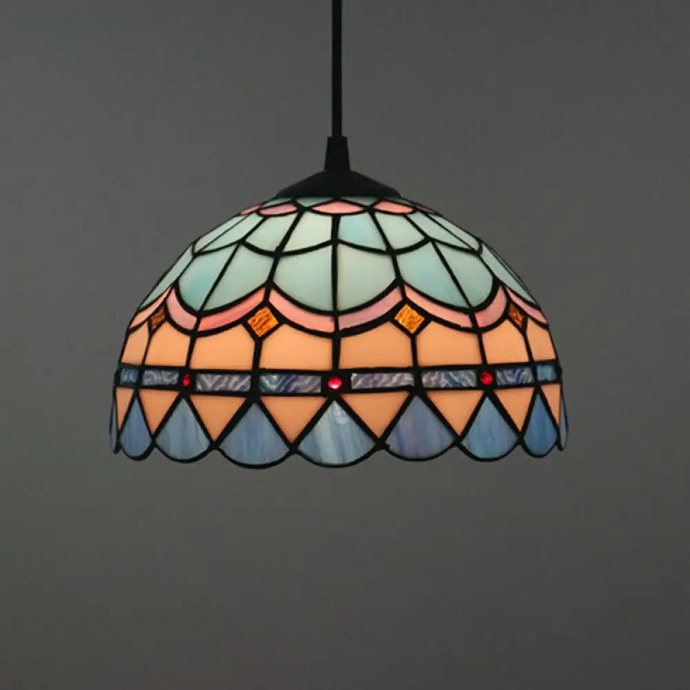 Tiffany Stained Glass Pendant Light - Lattice Bowl Design 1-Light Blue Suspension Lamp For Dining