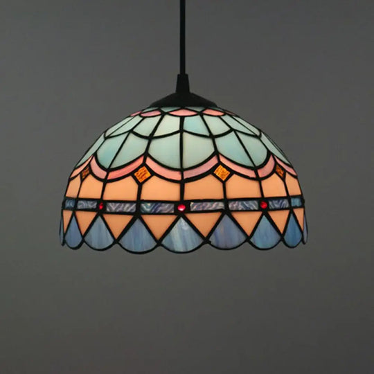 Tiffany Stained Glass Pendant Light - Lattice Bowl Design 1-Light Blue Suspension Lamp For Dining