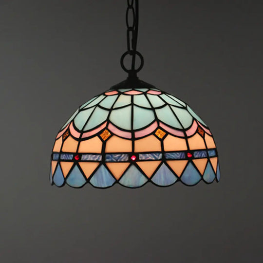 Tiffany Stained Glass Pendant Light - Lattice Bowl Design 1-Light Blue Suspension Lamp For Dining