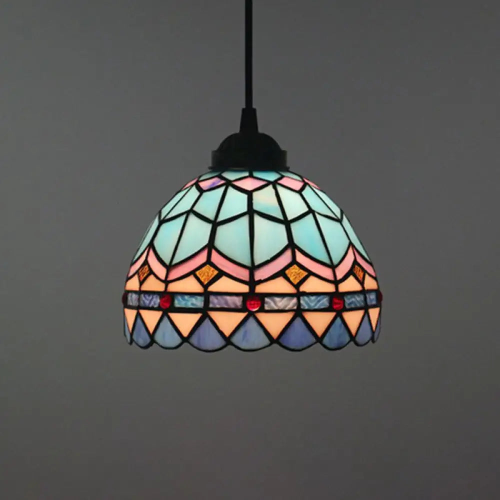 Tiffany Stained Glass Pendant Light - Lattice Bowl Design 1-Light Blue Suspension Lamp For Dining