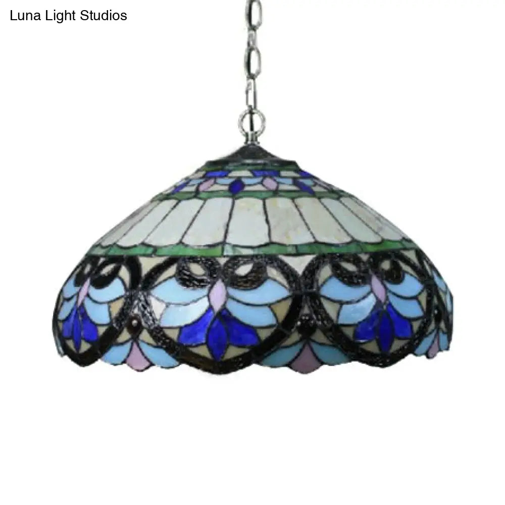 Tiffany Stained Glass Pendant Light With Flower Pattern - Purplish Blue Bowl Shade 2 Lights