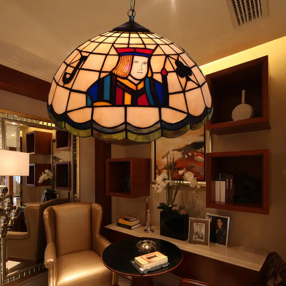 Tiffany Stained Glass Pendant Lighting With Dome Shade - 2 Lights For Poker Bedroom Beige