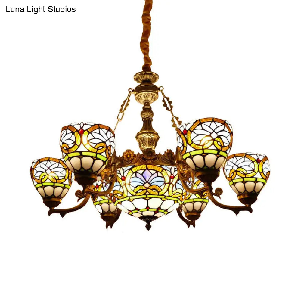 Tiffany Stained Glass Ceiling Pendant With Hanging Bowl Design And Floral Decoration - Includes Cord