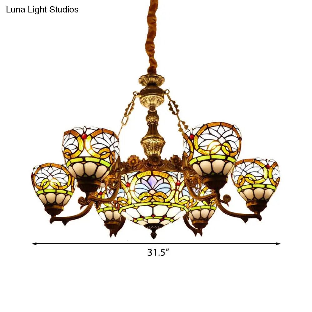 Tiffany Stained Glass Pendant With Flower Decoration And Cord: Bowl Hanging Ceiling Light