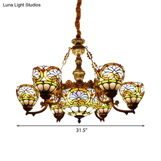 Tiffany Stained Glass Pendant With Flower Decoration And Cord: Bowl Hanging Ceiling Light