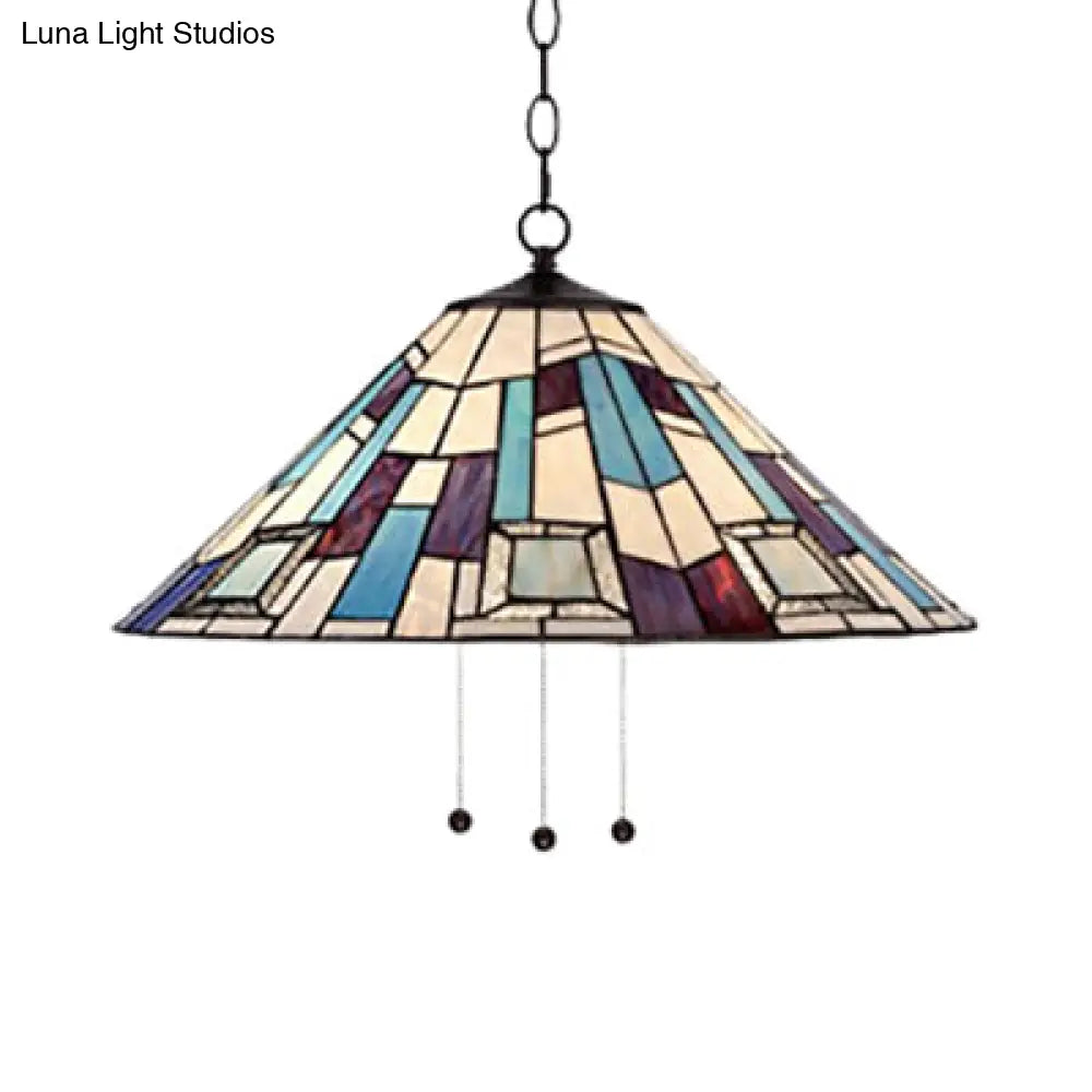 Purplish Blue Tiffany Ceiling Lamp For Dining Room - 1 Head Stained Glass Conical Pendant Light