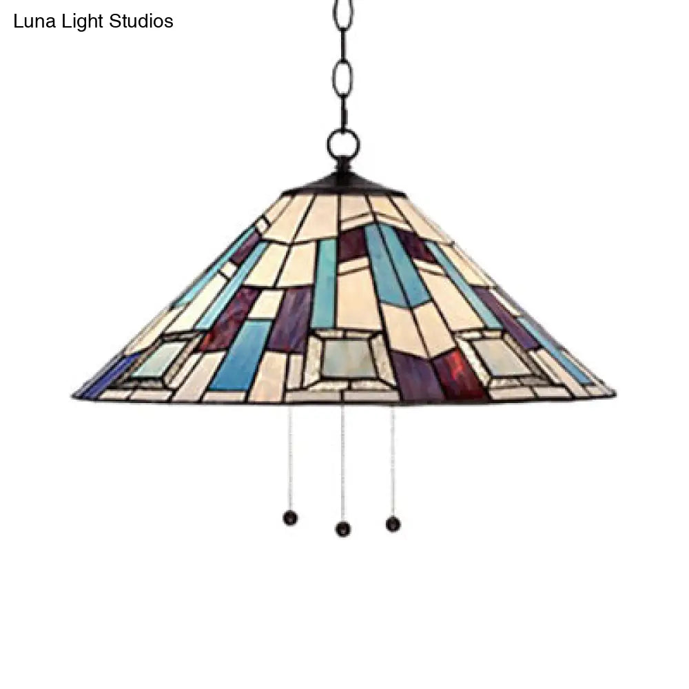 Tiffany Stained Glass Purplish Blue Ceiling Lamp - Conical Single Head Suspension Pendant Light For