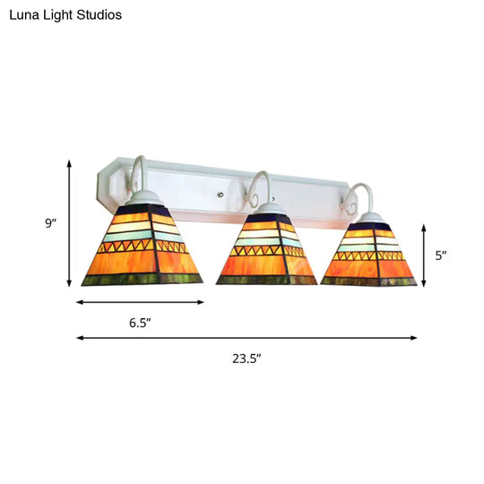 Tiffany Stained Glass Pyramid Sconce With 3 Orange Lamp Heads - Wall Mounted Light Fixture