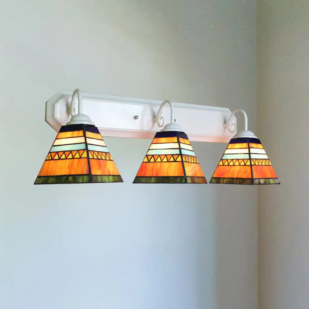 Tiffany Stained Glass Pyramid Sconce With 3 Orange Lamp Heads - Wall Mounted Light Fixture