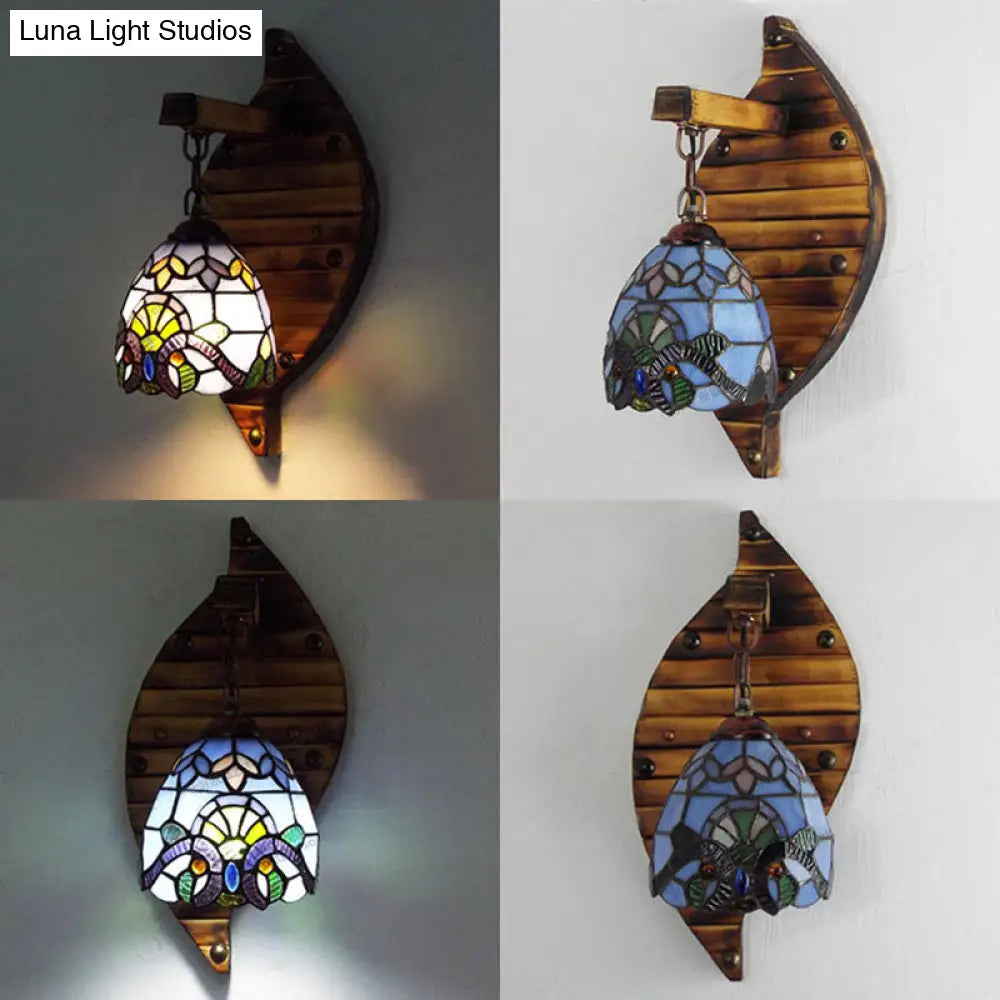 Tiffany Stained Glass Scallop Wall Light: Colorful Blue-White/Red/Blue/Purple Mount Fixture For