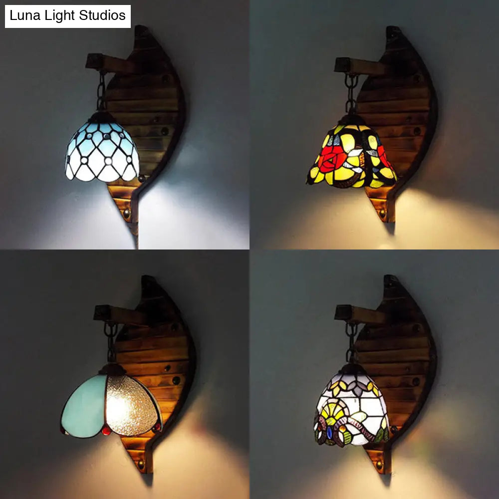 Tiffany Stained Glass Scallop Wall Light: Colorful Blue-White/Red/Blue/Purple Mount Fixture For