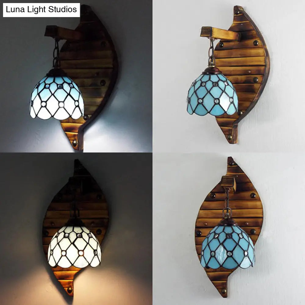 Tiffany Stained Glass Scallop Wall Light: Colorful Blue-White/Red/Blue/Purple Mount Fixture For