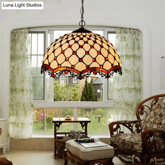 Scalloped Pendant Ceiling Light - Tiffany Stained Glass White Jewelry Lamp For Dining Room