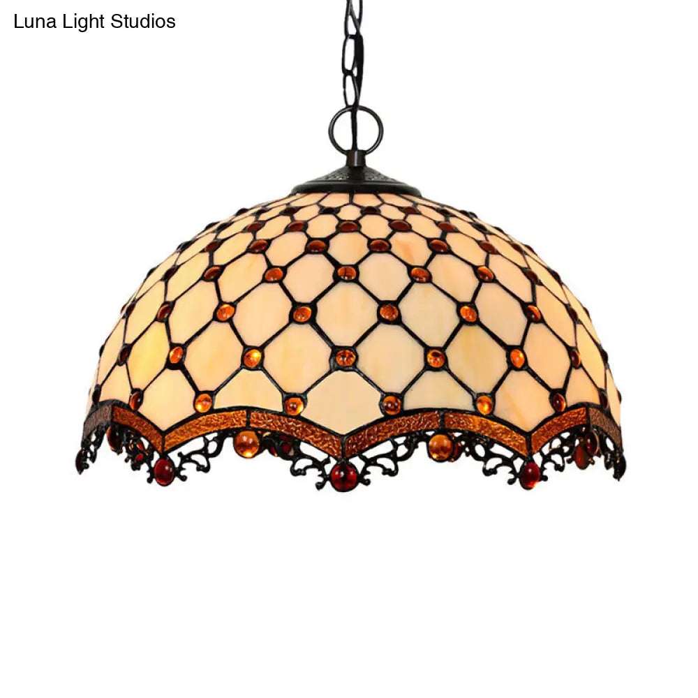 Scalloped Pendant Ceiling Light - Tiffany Stained Glass White Jewelry Lamp For Dining Room