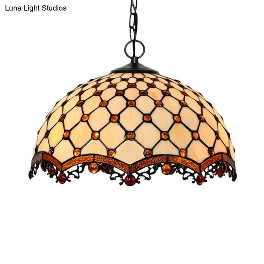 Scalloped Pendant Ceiling Light - Tiffany Stained Glass White Jewelry Lamp For Dining Room