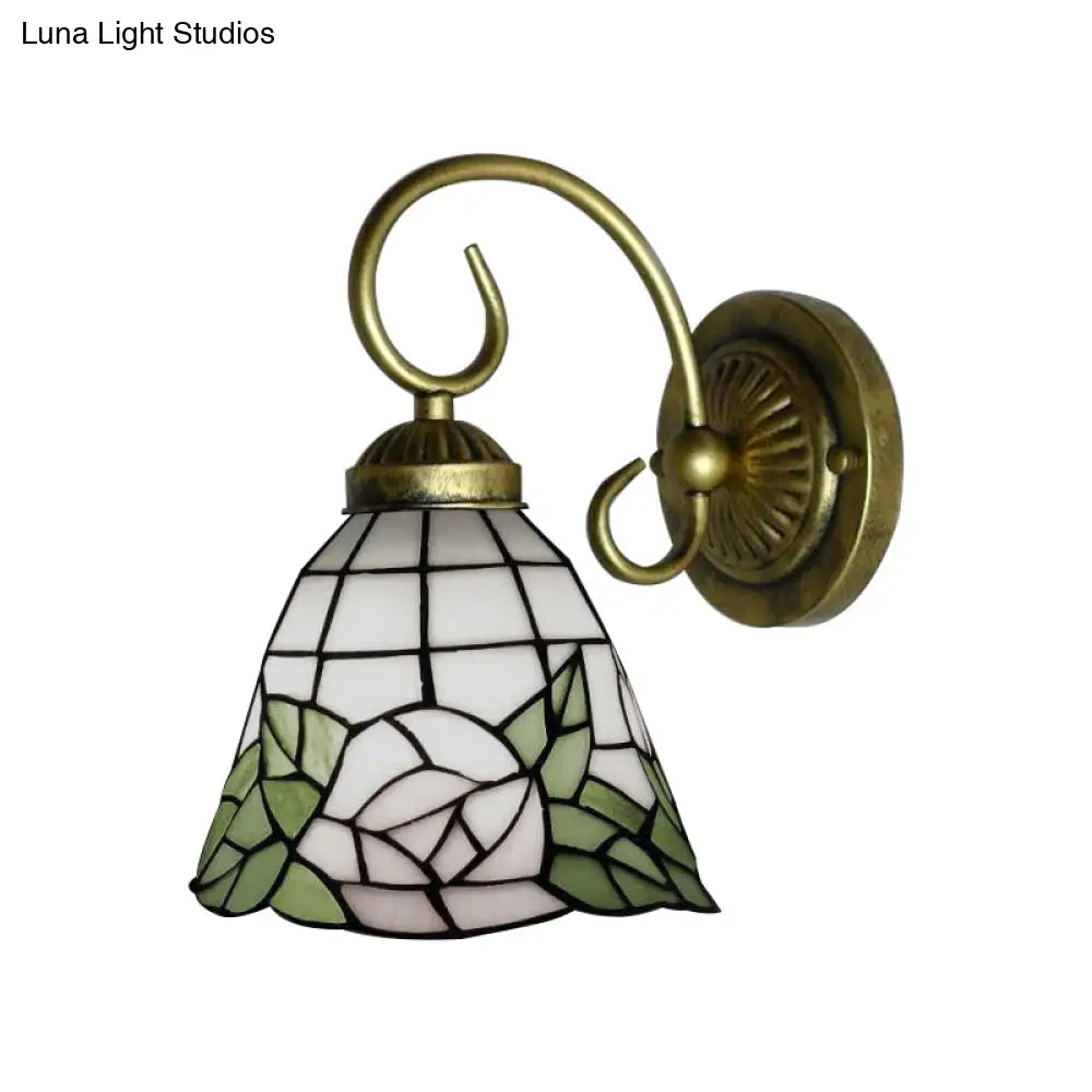 Tiffany Stained Glass Sconce Light: Green Bell Wall Fixture With Rose Pattern