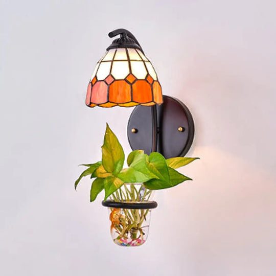 Tiffany Stained Glass Sconce Light: Grid Patterned Wall Mount With Plant Decoration -