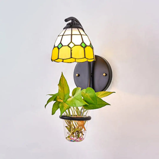 Tiffany Stained Glass Sconce Light: Grid Patterned Wall Mount With Plant Decoration -