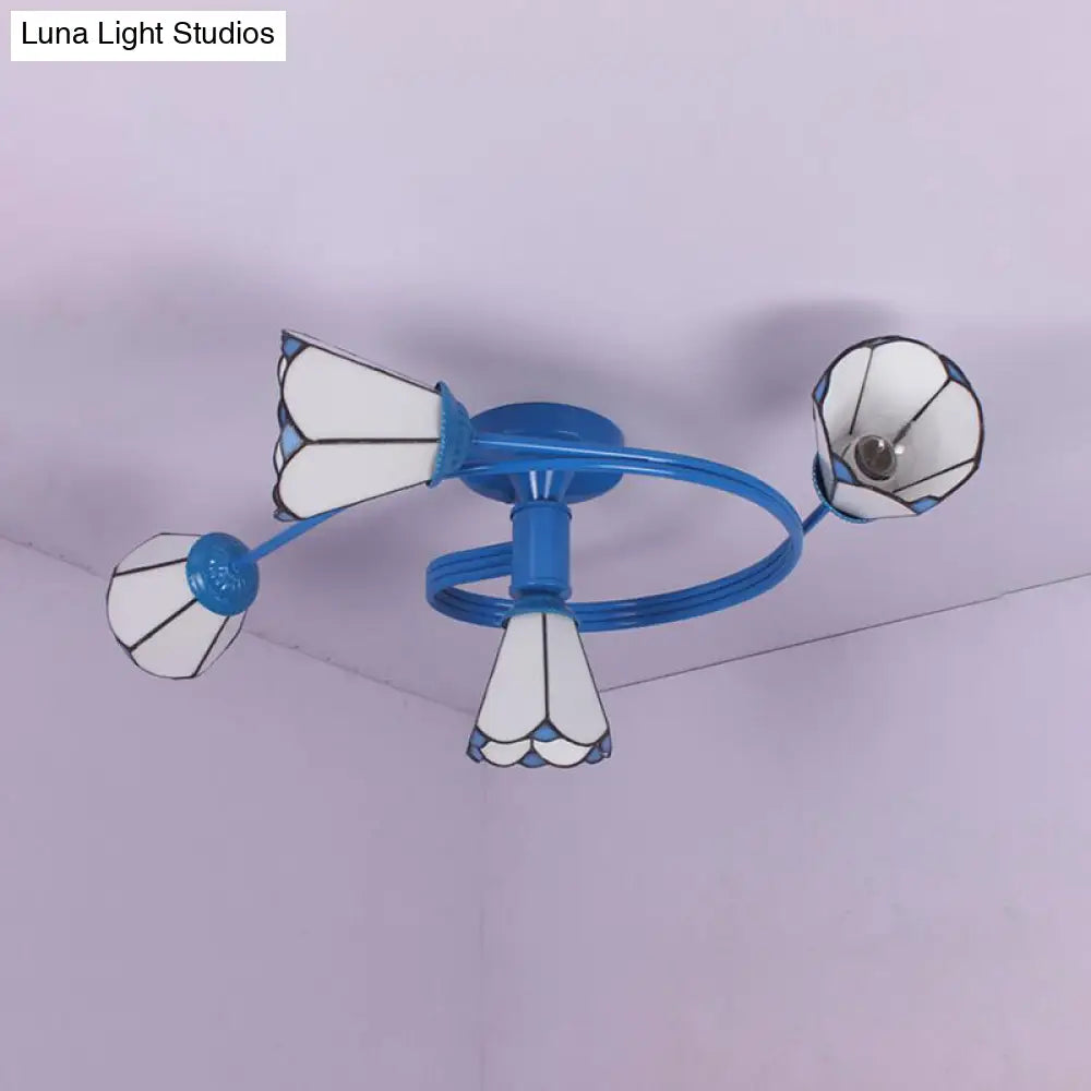 Tiffany Stained Glass Semi-Flush Light With White/Blue Motif - Ideal For Bedroom Ambiance