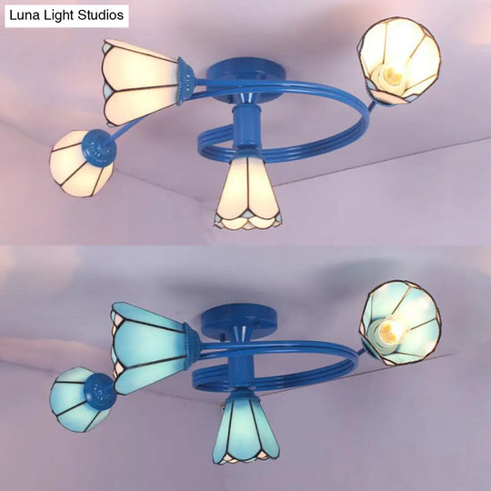 Tiffany Stained Glass Semi-Flush Light With White/Blue Motif - Ideal For Bedroom Ambiance