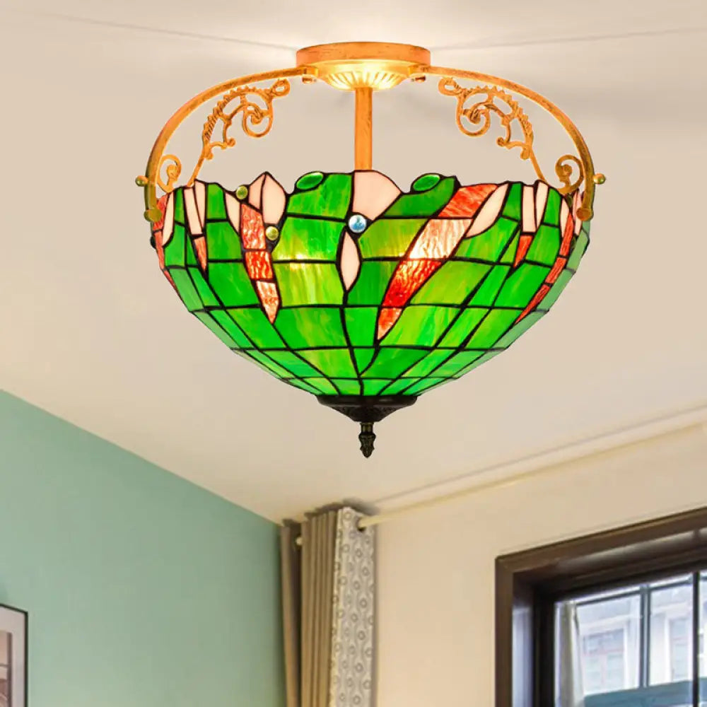 Tiffany Stained Glass Semi Flush Lighting For Bedroom - 3 Lights Green Bowl Design