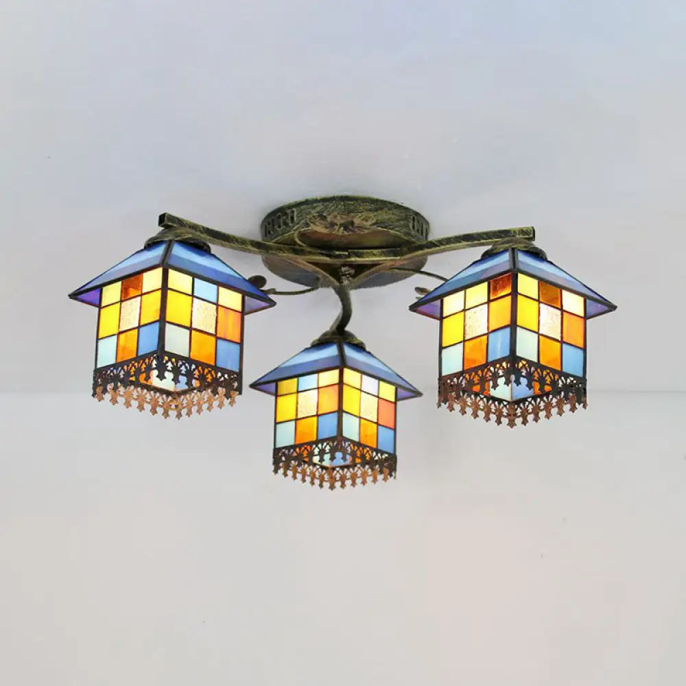 Tiffany Stained Glass Small House Ceiling Light - Blue/Clear 3-Lights Flush Mount For Bedroom Blue