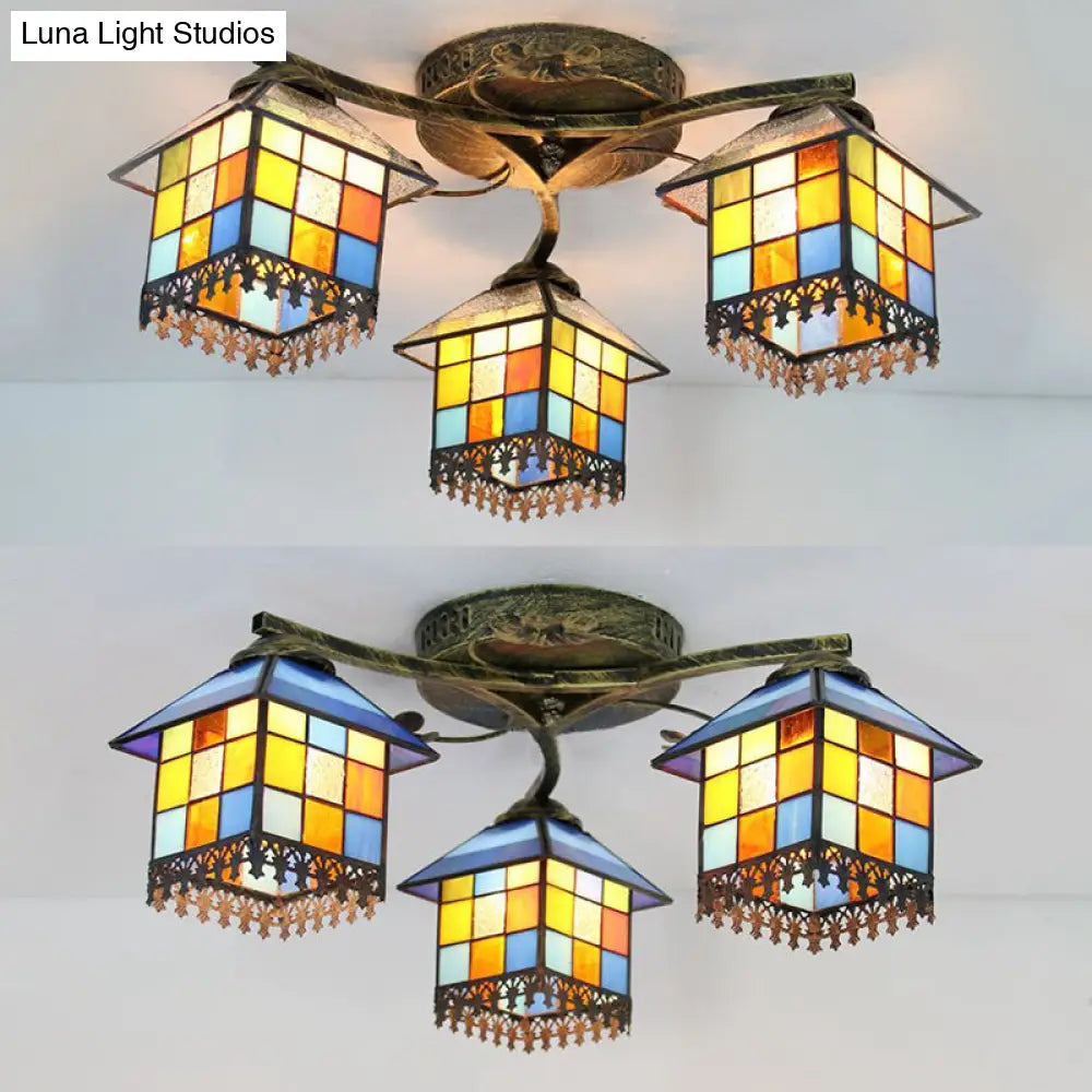 Tiffany Stained Glass Small House Ceiling Light - Blue/Clear 3-Lights Flush Mount For Bedroom